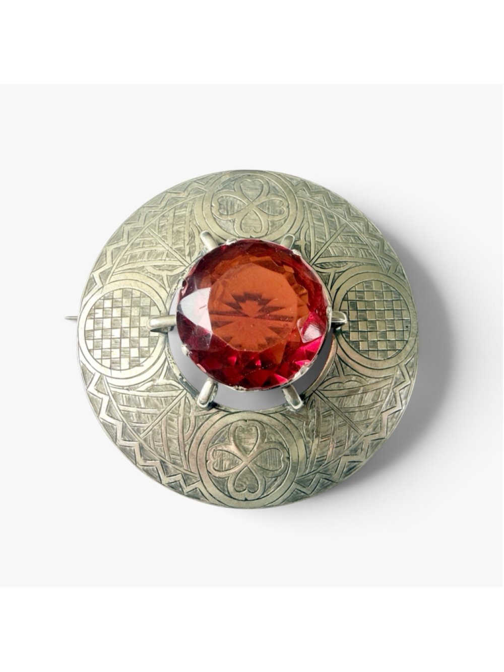 Large Victorian Scottish Kilt Cape Pin Carnelian Glass Celtic Plaid Brooch